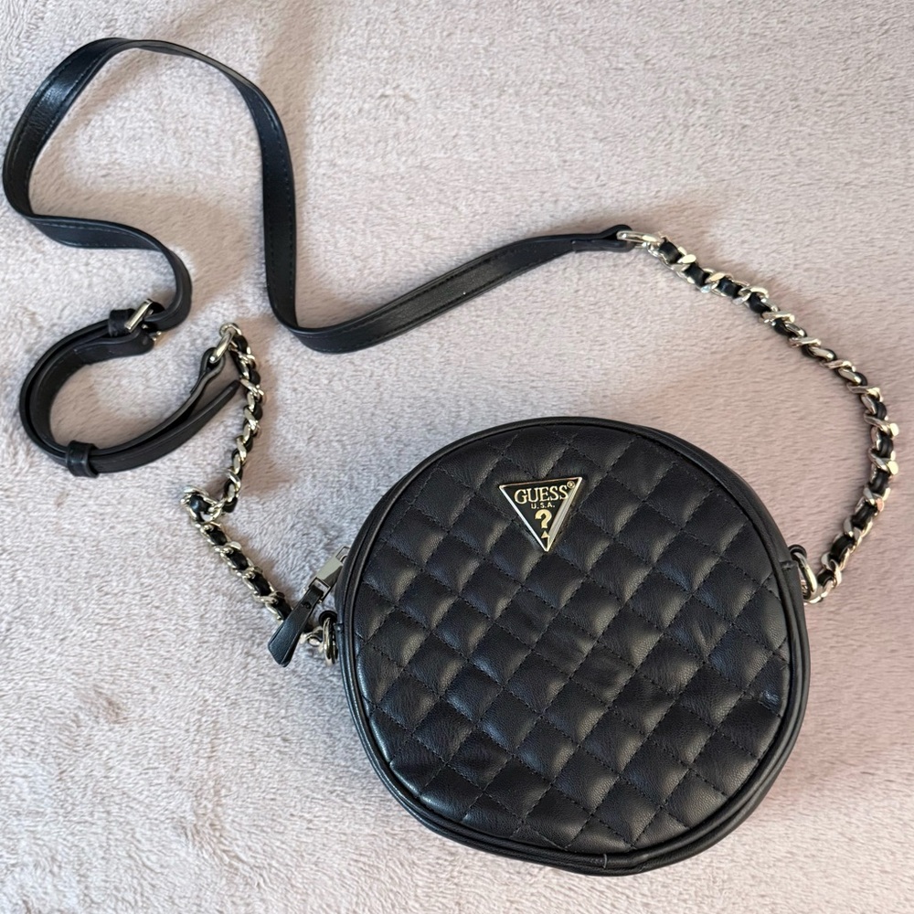 GUESS Black Quilted Circle Bag with Gold Hardware & Adjustable Chain Strap